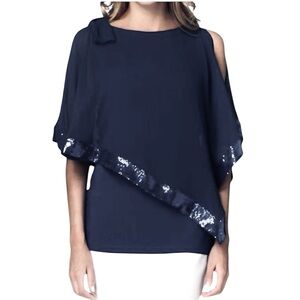 NEW Joseph Ribkoff Layered Sequin Bow Shoulder Top Midnight Blue